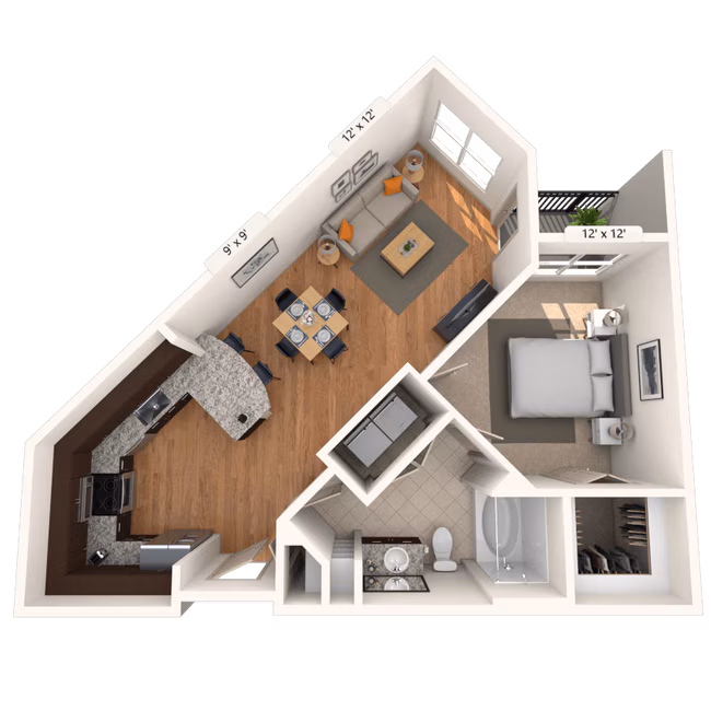 Traditional 1x1 731-851 SF 3102 floor plan